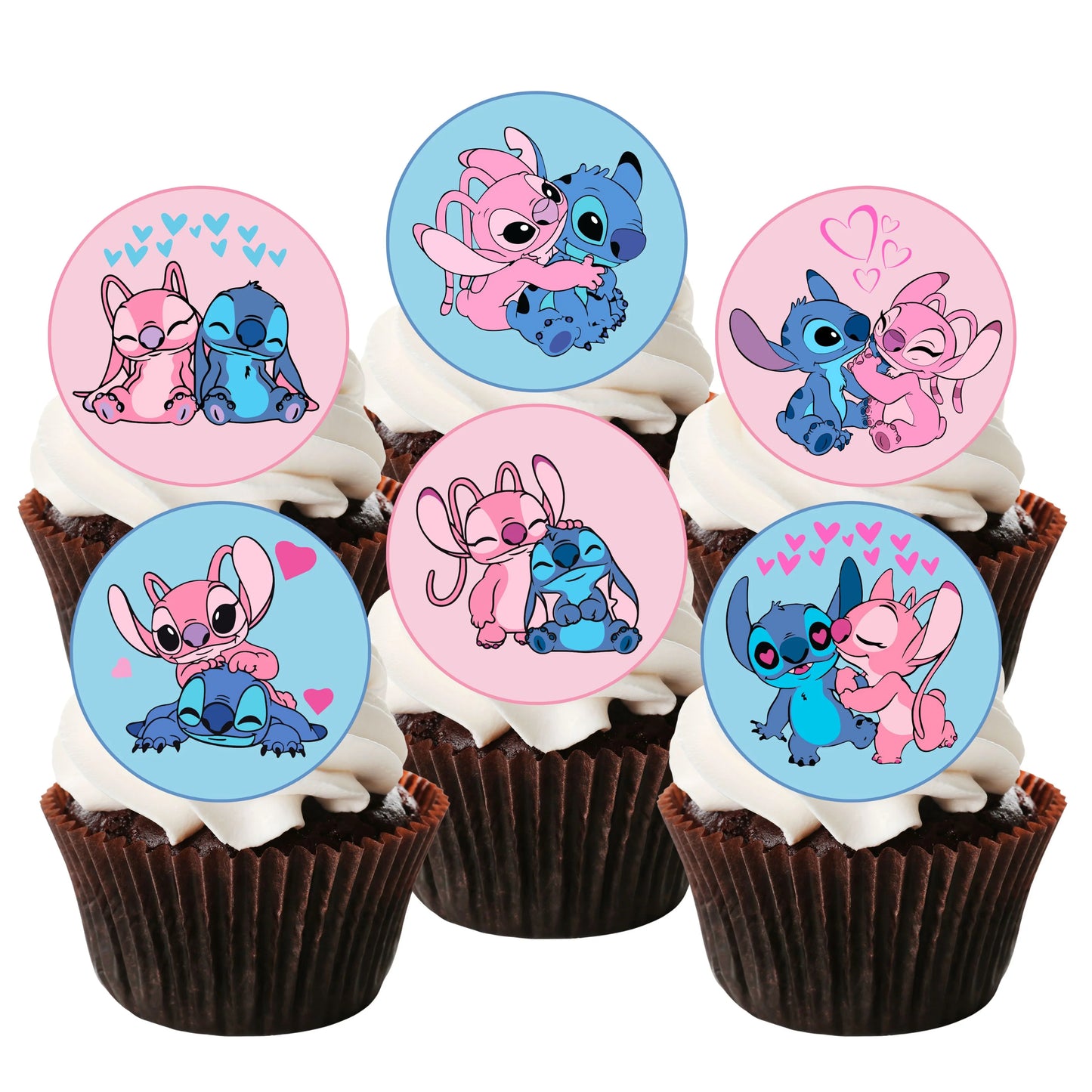 Stitch And Angel Themed Edible Cupcake Toppers on chocolate cupcakes with white frosting 