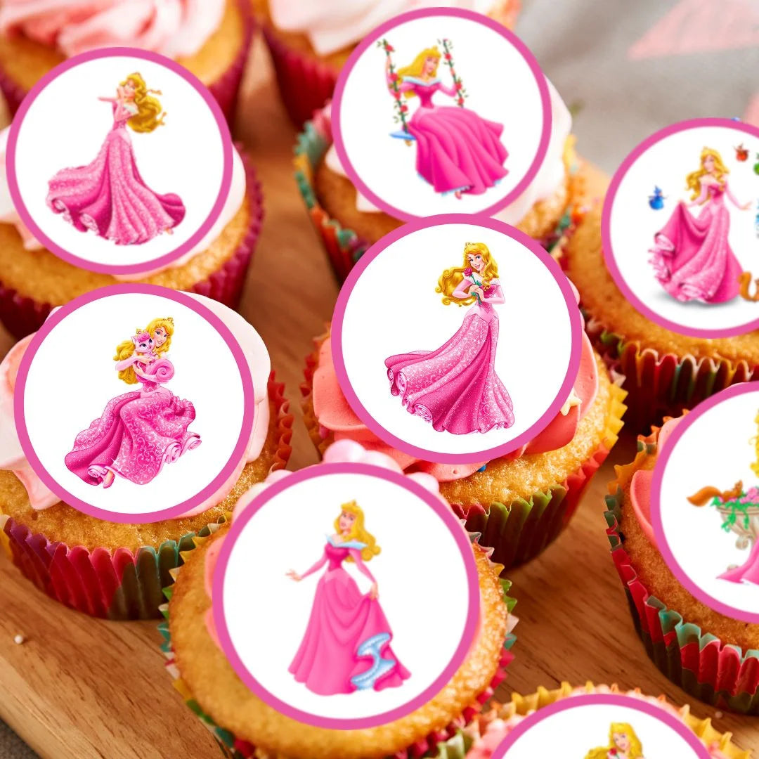 Princess Sleeping Beauty Edible Cupcake Toppers on pink frosted cupcakes 