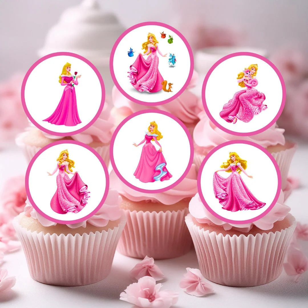 Princess Sleeping Beauty Edible Cupcake Toppers on pink frosted cupcakes 