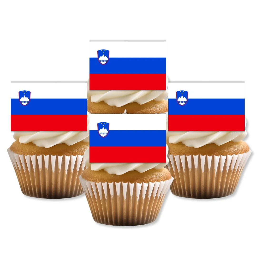 Slovenia Flag Edible Cupcake Toppers on white frosted cupcakes