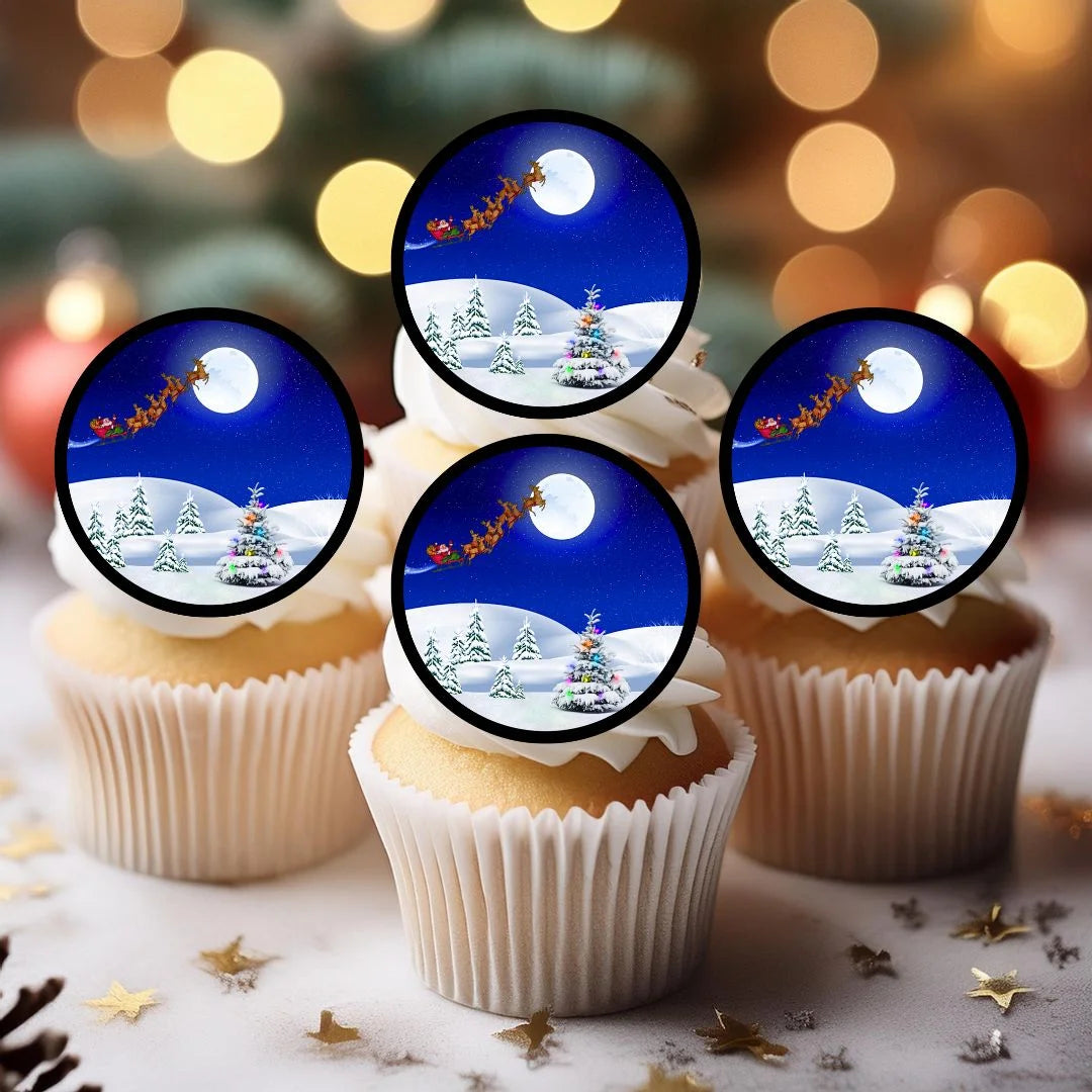 Christmas snow Scene Edible Cupcake Toppers on white frosted cupcakes