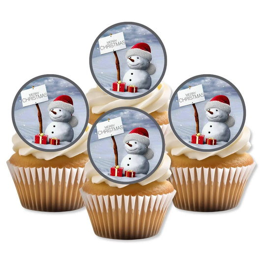 Cute Snowman Edible Cupcake Toppers on white frosted cupcakes 