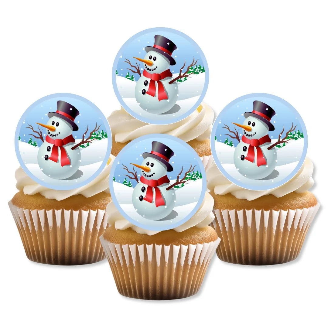 Snowman Theme Edible Cupcake Toppers on white frosted cupcakes 