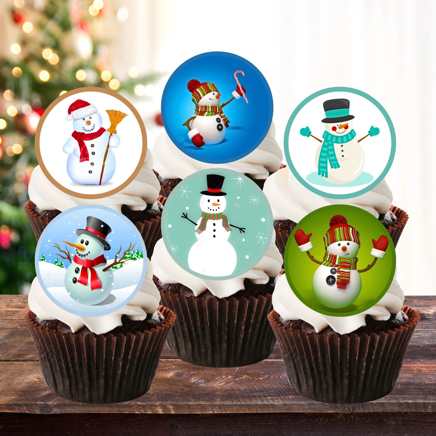 Christmas Snowman Edible Cupcake Toppers on chocolate cupcakes with white frosting