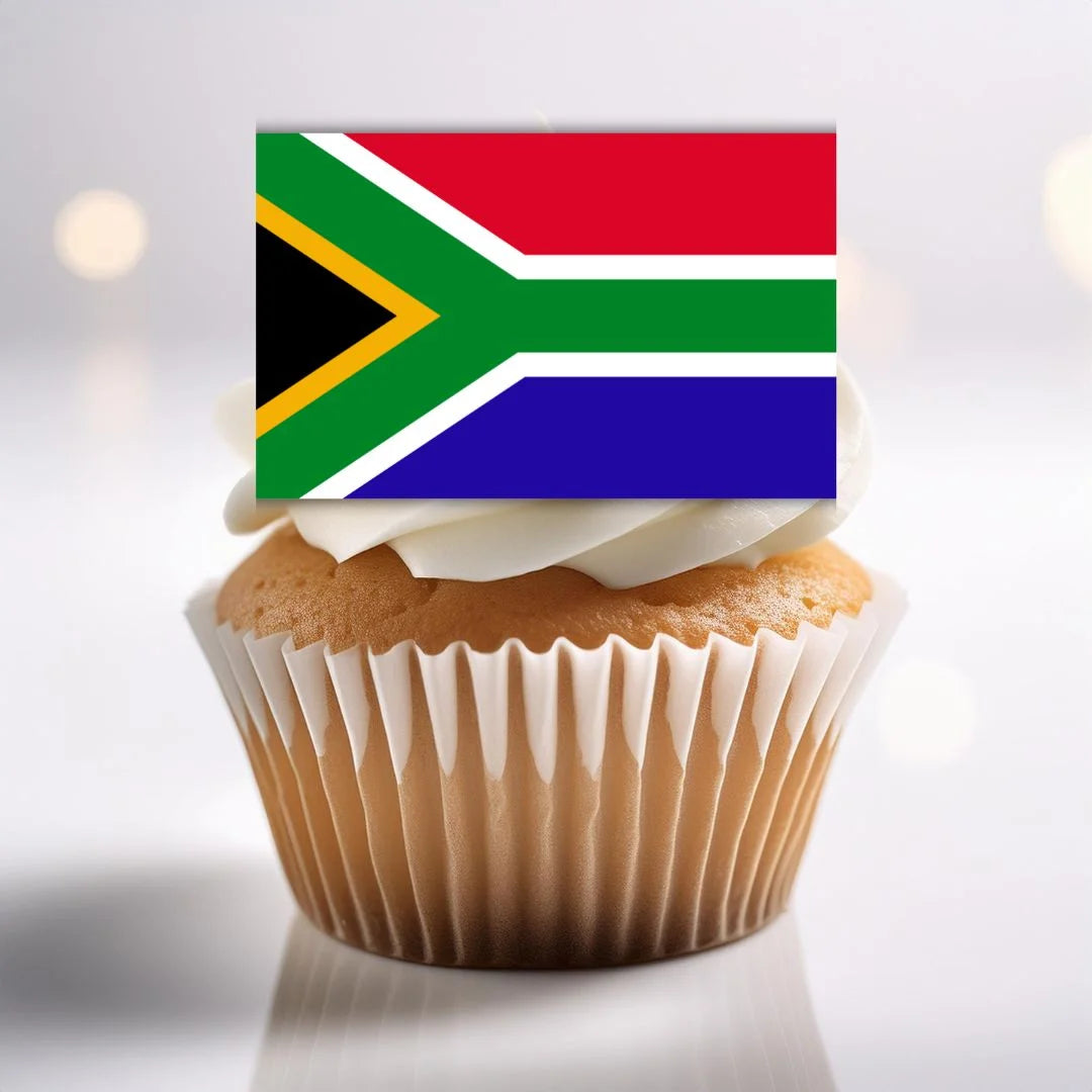 South Africa Flag Edible Cupcake Topper on a white frosted cupcake