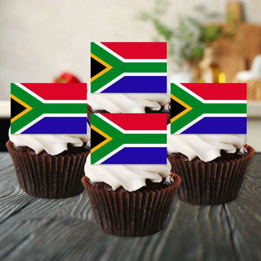 South Africa Flag Edible Cupcake Toppers on white frosted cupcakes