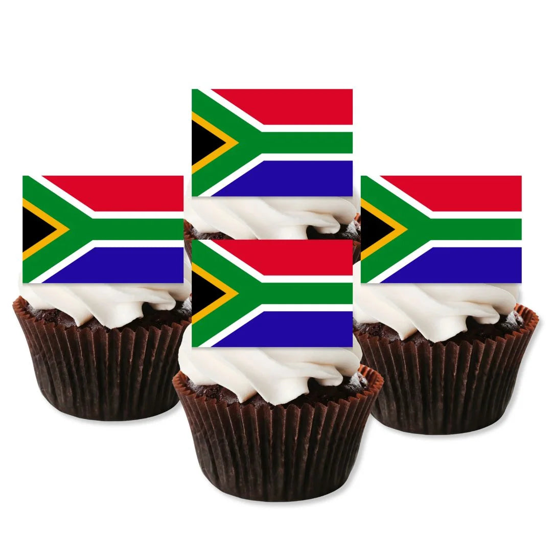 South Africa Flag Edible Cupcake Toppers on white frosted cupcakes