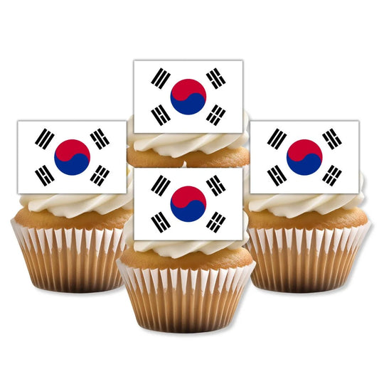 South Korea Flag Edible Cupcake Toppers on white frosted cupcakes