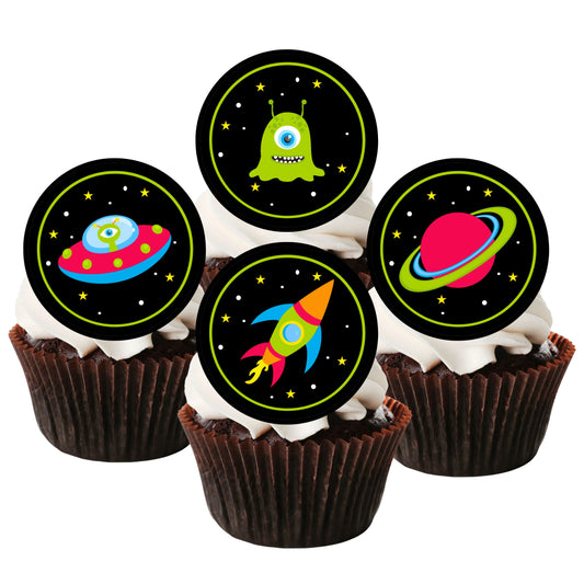 Space Theme Edible Cupcake Toppers on chocolate cupcakes with white frosting 