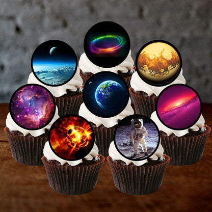 Space Edible Cupcake Toppers on chocolate cupcakes with white frosting 