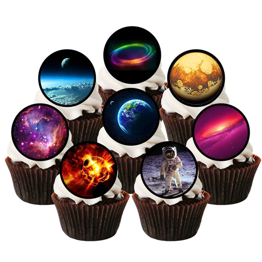 Space Edible Cupcake Toppers on chocolate cupcakes with white frosting