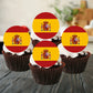 Spanish flag round edible cupcake toppers on chocolate cupcakes with white frosting