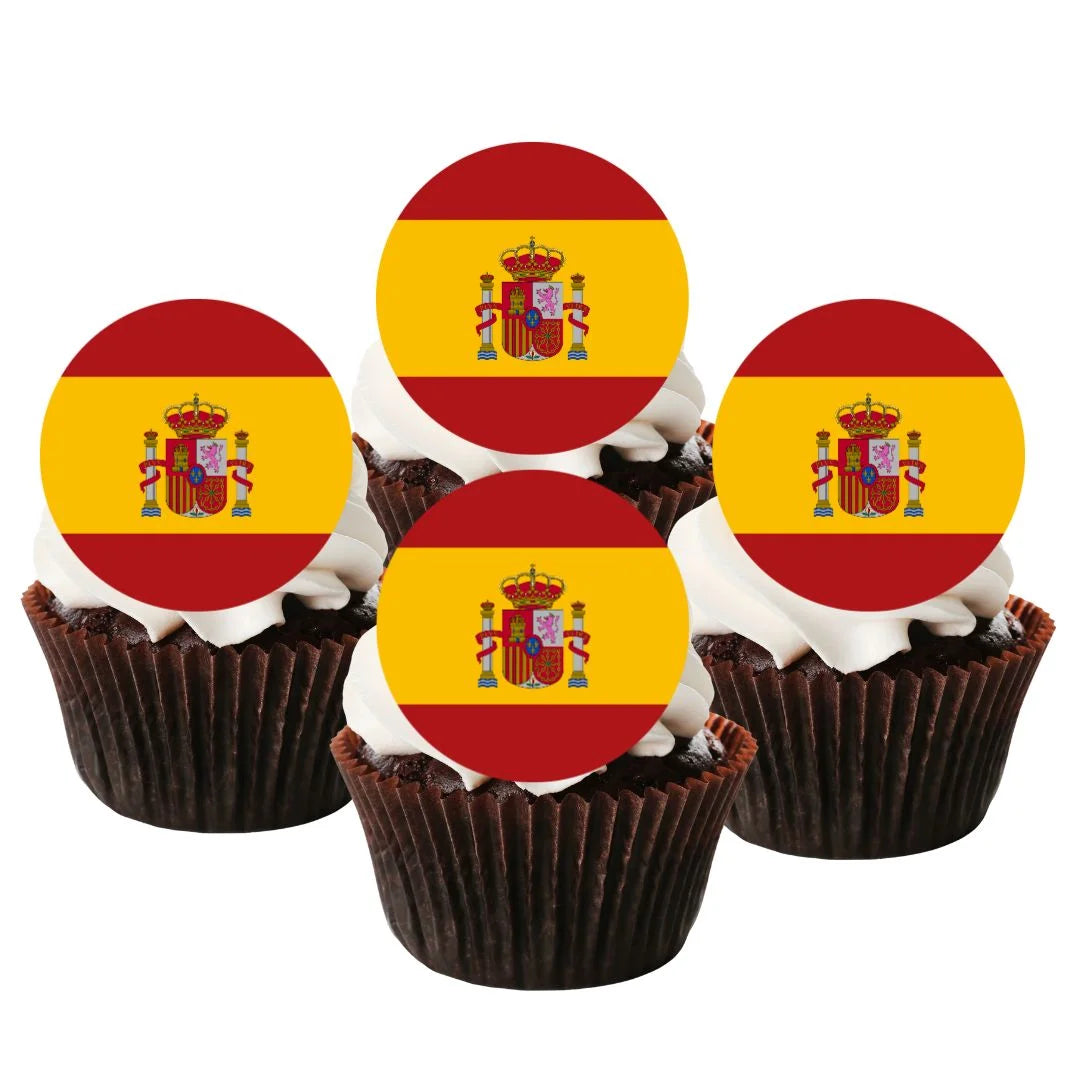 Spanish flag round edible cupcake toppers on chocolate cupcakes with white frosting