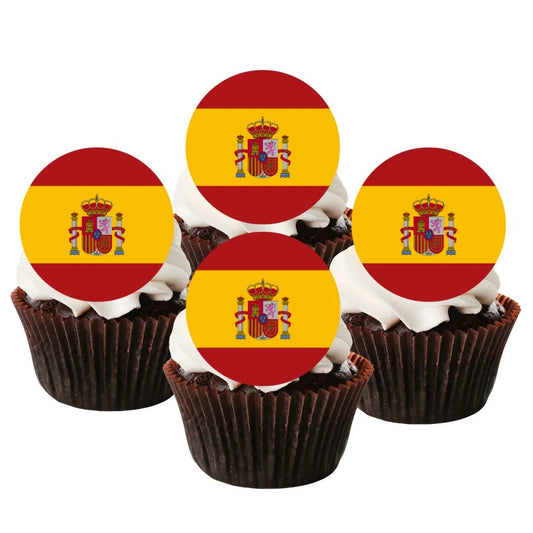 Spanish flag round edible cupcake toppers on chocolate cupcakes with white frosting