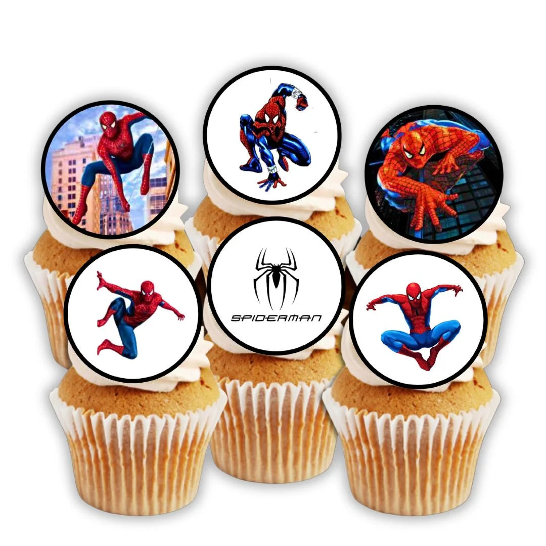 Spider-Man Theme Edible Cupcake Toppers on white frosted cupcakes 