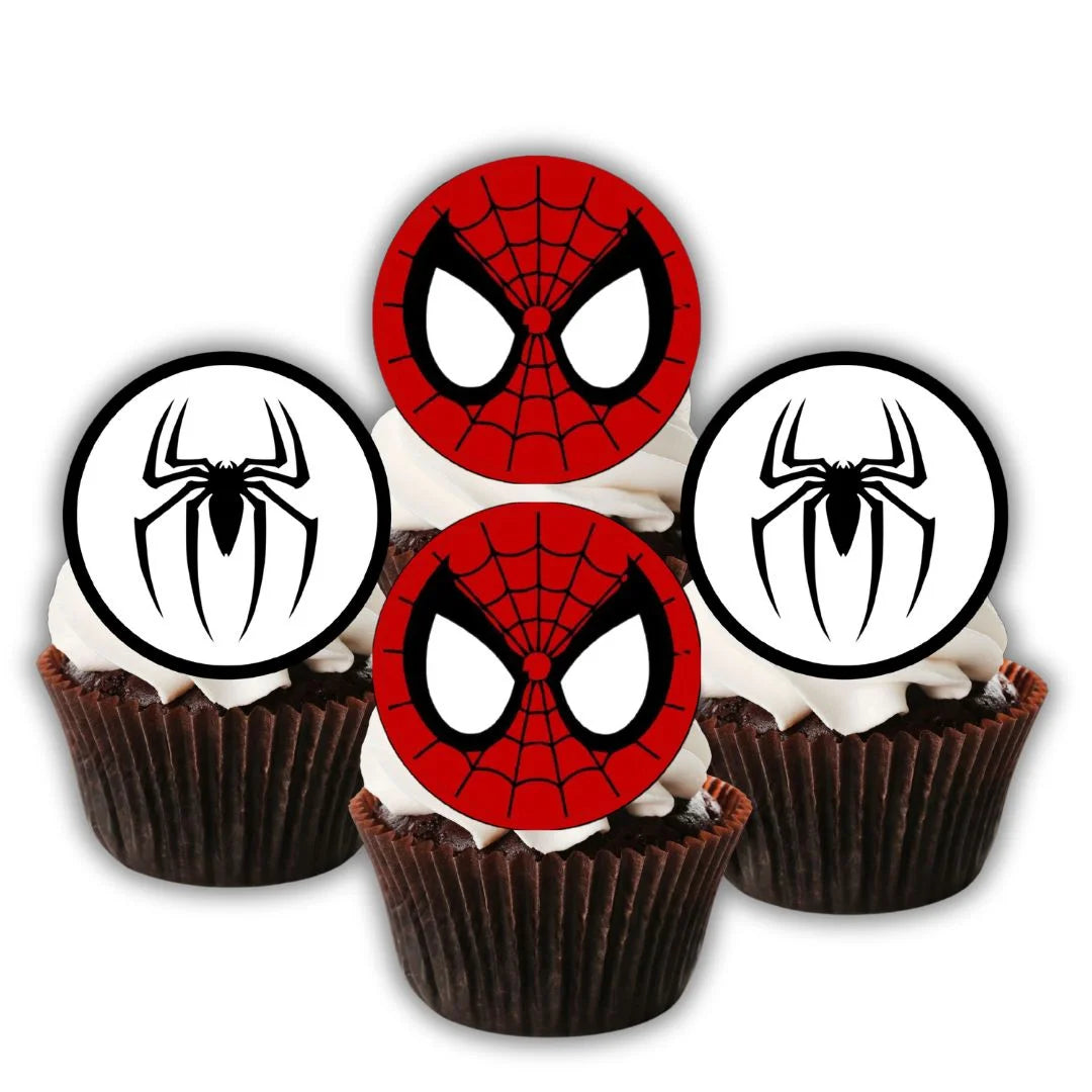 Spider-Man Mix Edible Cupcake Toppers on chocolate cupcakes with white frosting 