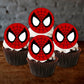 Spider-Man Face Edible Cupcake Toppers on chocolate cupcakes with white frosting 