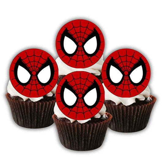 Spider-Man Face Edible Cupcake Toppers on chocolate cupcakes with white frosting 