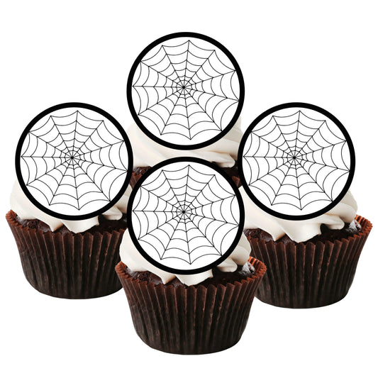 Spider Web Halloween + Superhero Edible Cake Toppers on chocolate cupcakes with white frosting