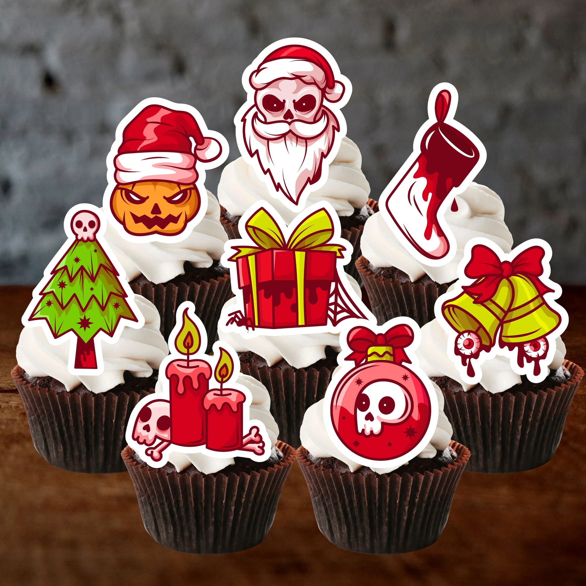 Spooky Christmas Edible Cupcake Toppers on chocolate cupcakes with white frosting 