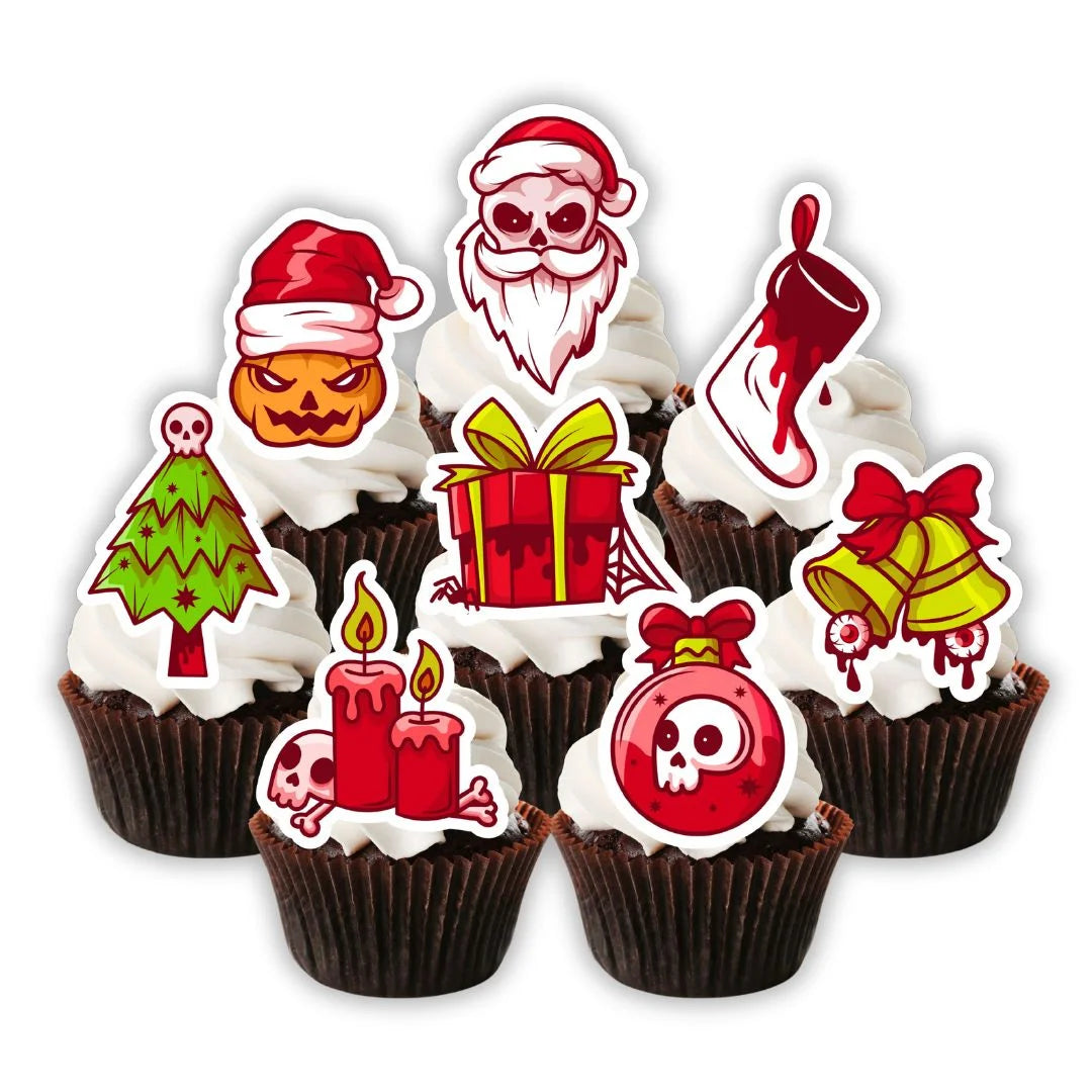 Spooky Christmas Edible Cupcake Toppers on chocolate cupcakes with white frosting 