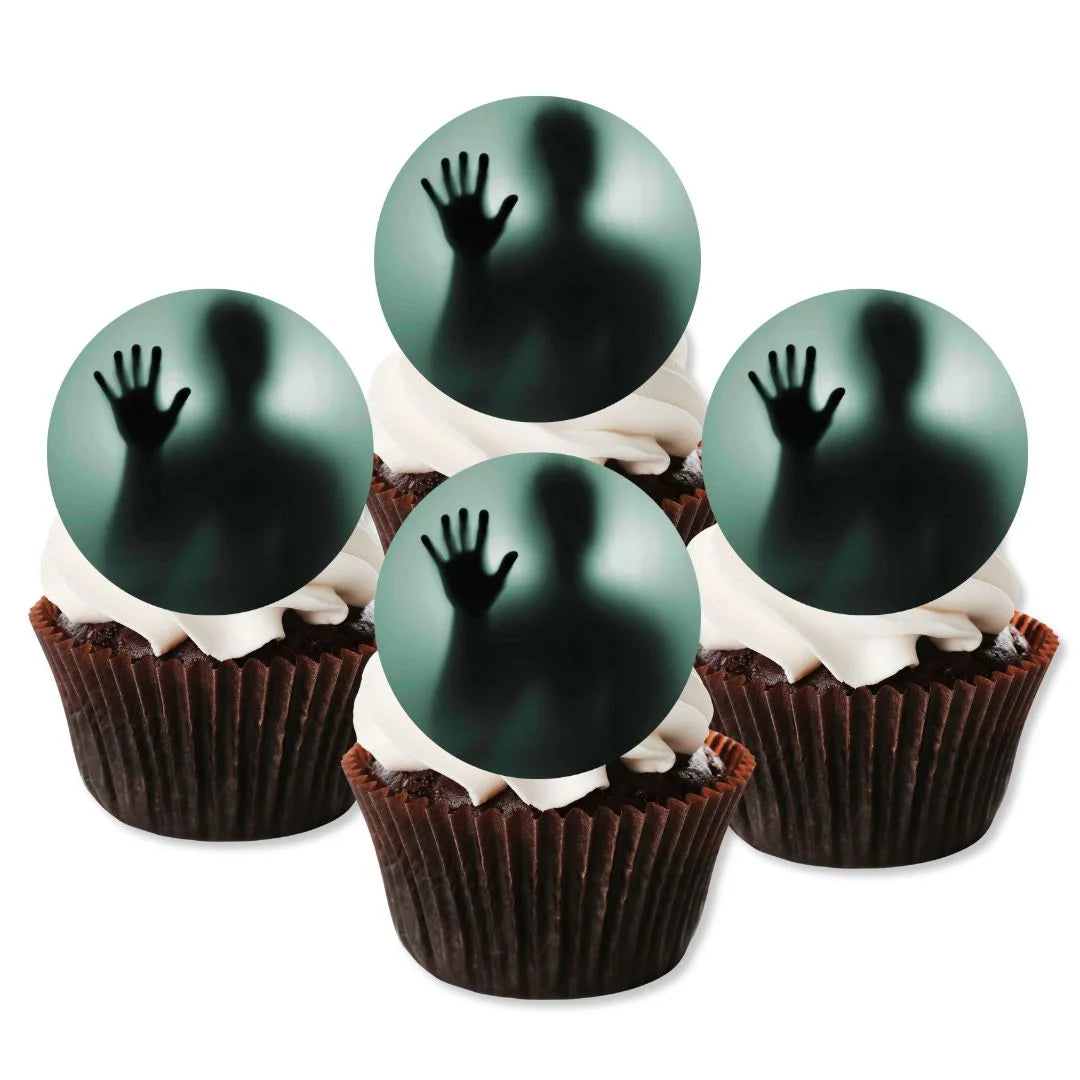 Halloween Spooky Ghost Edible Cupcake Toppers on chocolate cupcakes with white frosting 