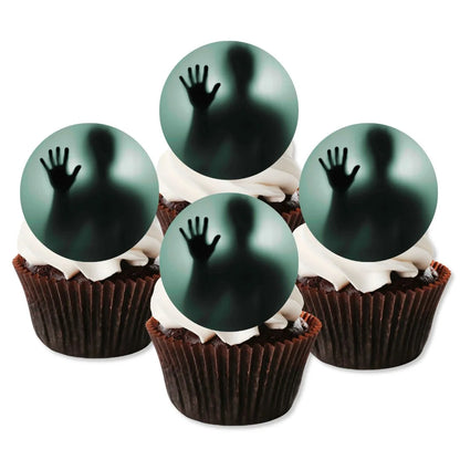 Halloween Spooky Ghost Edible Cupcake Toppers on chocolate cupcakes with white frosting 