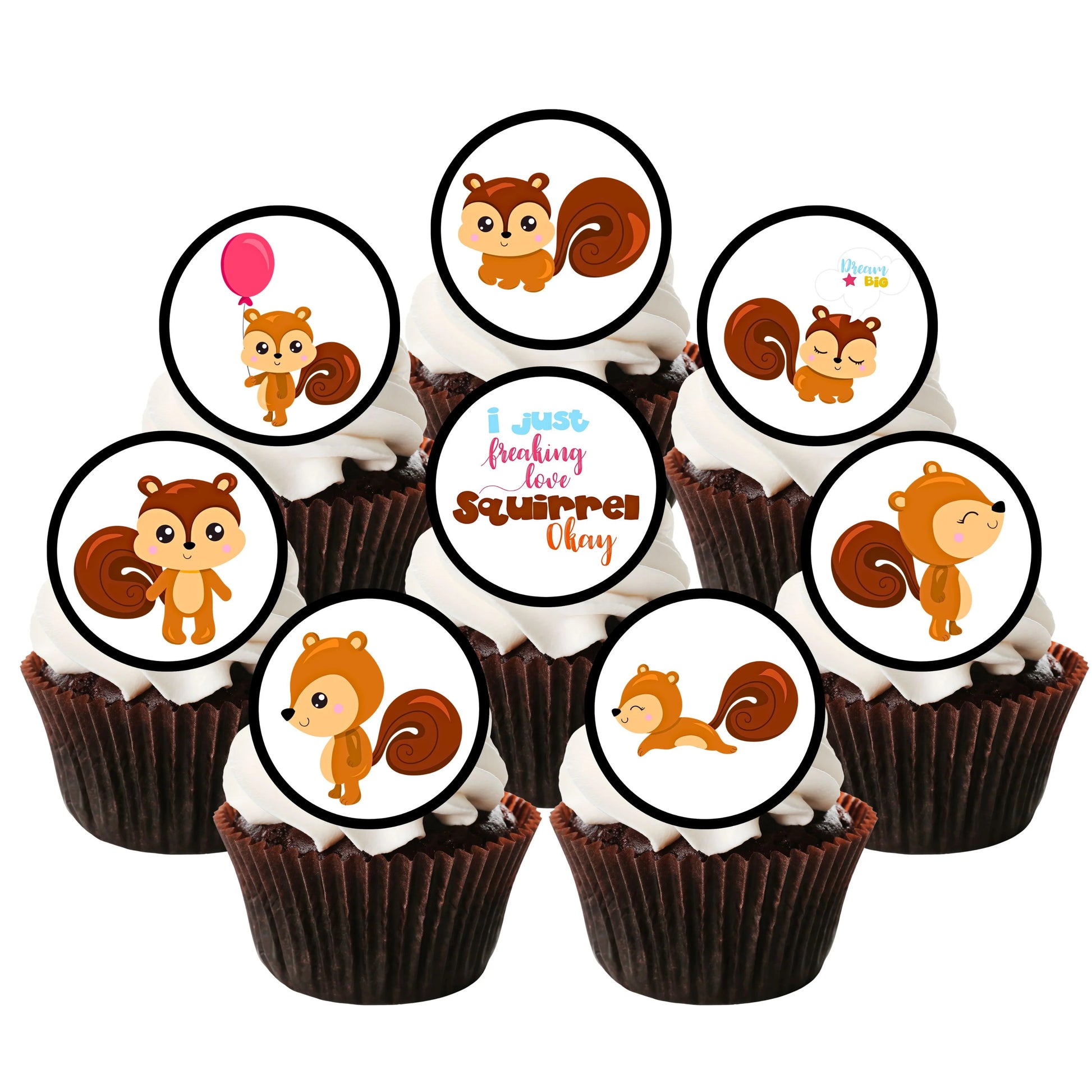 7 chcolate cupcakes with white frosting and edible squirrel cupcake toppers