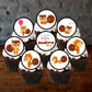 7 chocolate cupcakes with white frosting and illustrated squirrel cupcake toppers. 