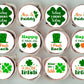 Cupcakes with St. Patrick's Day-themed decorations in a box.