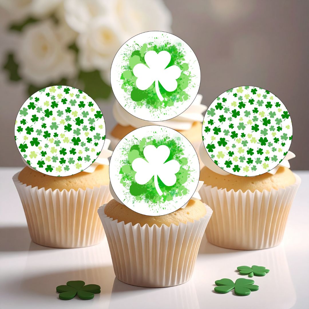 Cupcakes with shamrock-themed cupcake toppers on a light background