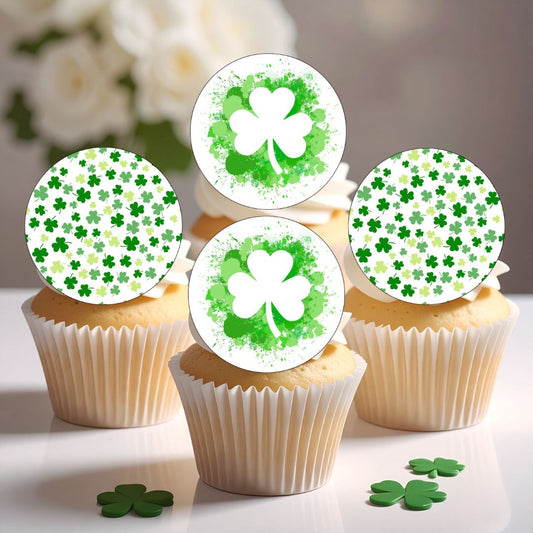 Cupcakes with shamrock-themed cupcake toppers on a light background