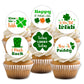 Cupcakes with St. Patrick's Day-themed toppers on a white background