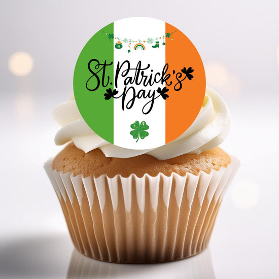 Cupcake with a St. Patrick's Day themed topper featuring the Irish flag colors.
