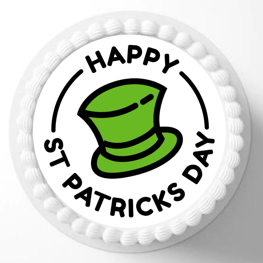 Round white label with a green leprechaun hat and 'Happy St. Patrick's Day' text on a white background