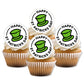 Cupcakes with 'Happy St. Patrick's Day' toppers featuring green hats on a white background.
