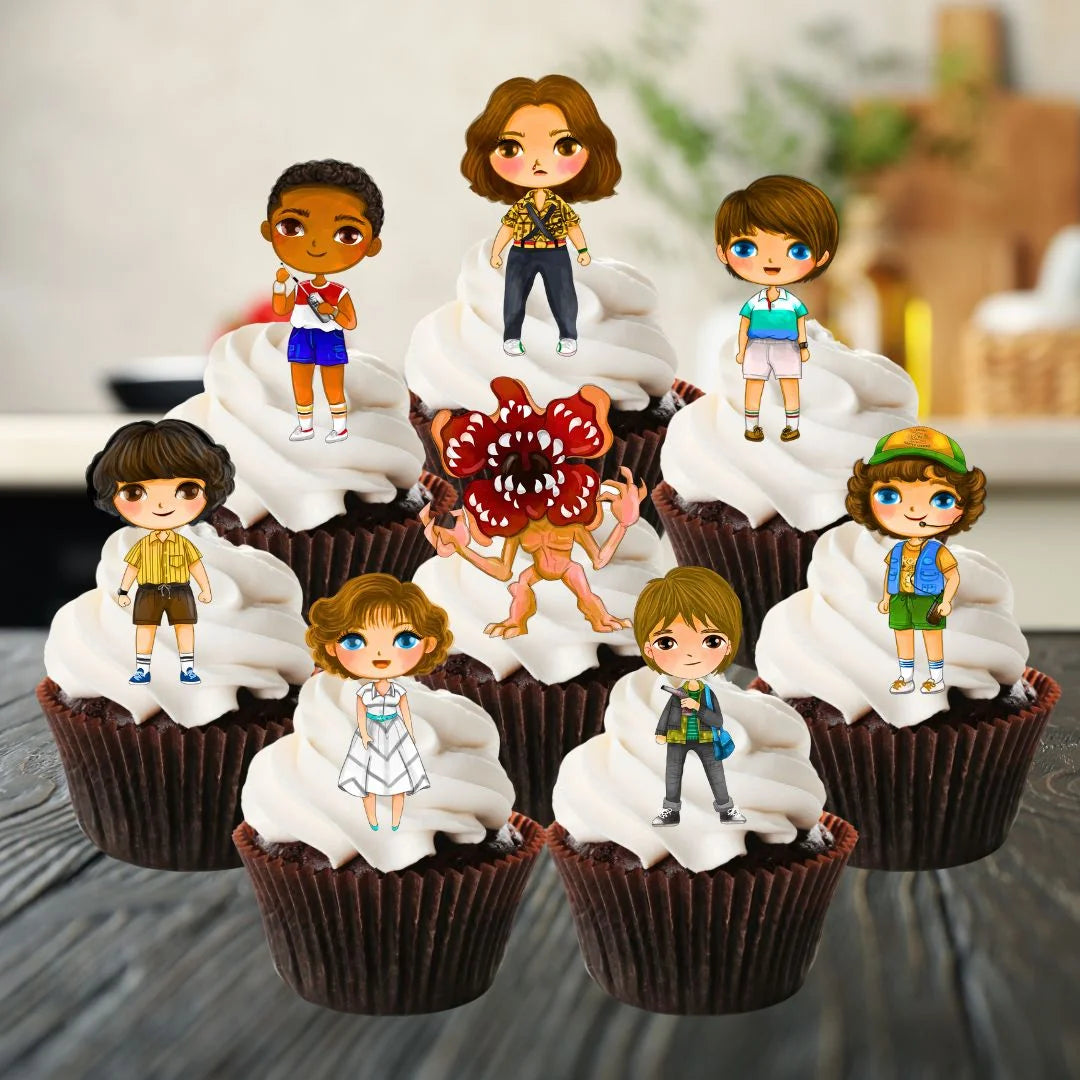 Strange Kids Edible Cupcake Toppers on chocolate cupcakes with white frosting 