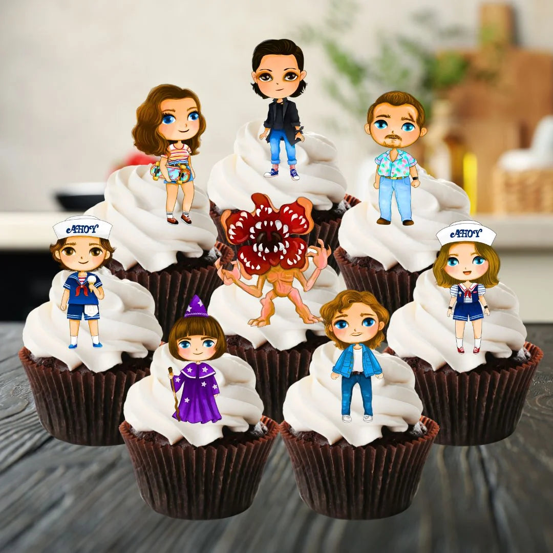 Strange Kids Edible Cupcake Toppers on chocolate cupcakes with white frosting 