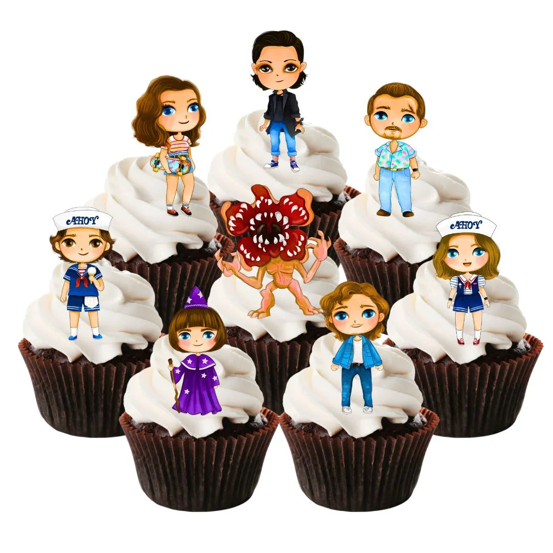 Strange Kids Edible Cupcake Toppers on chocolate cupcakes with white frosting 