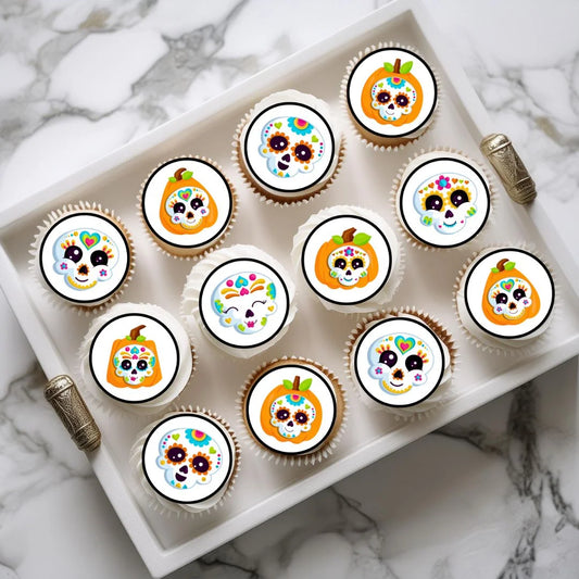 Halloween Sugar Skulls Theme Edible Cupcake Toppers on chocolate cupcakes with white frosting