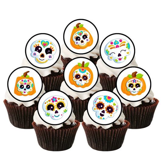 Halloween Sugar Skulls Theme Edible Cupcake Toppers on chocolate cupcakes with white frosting 