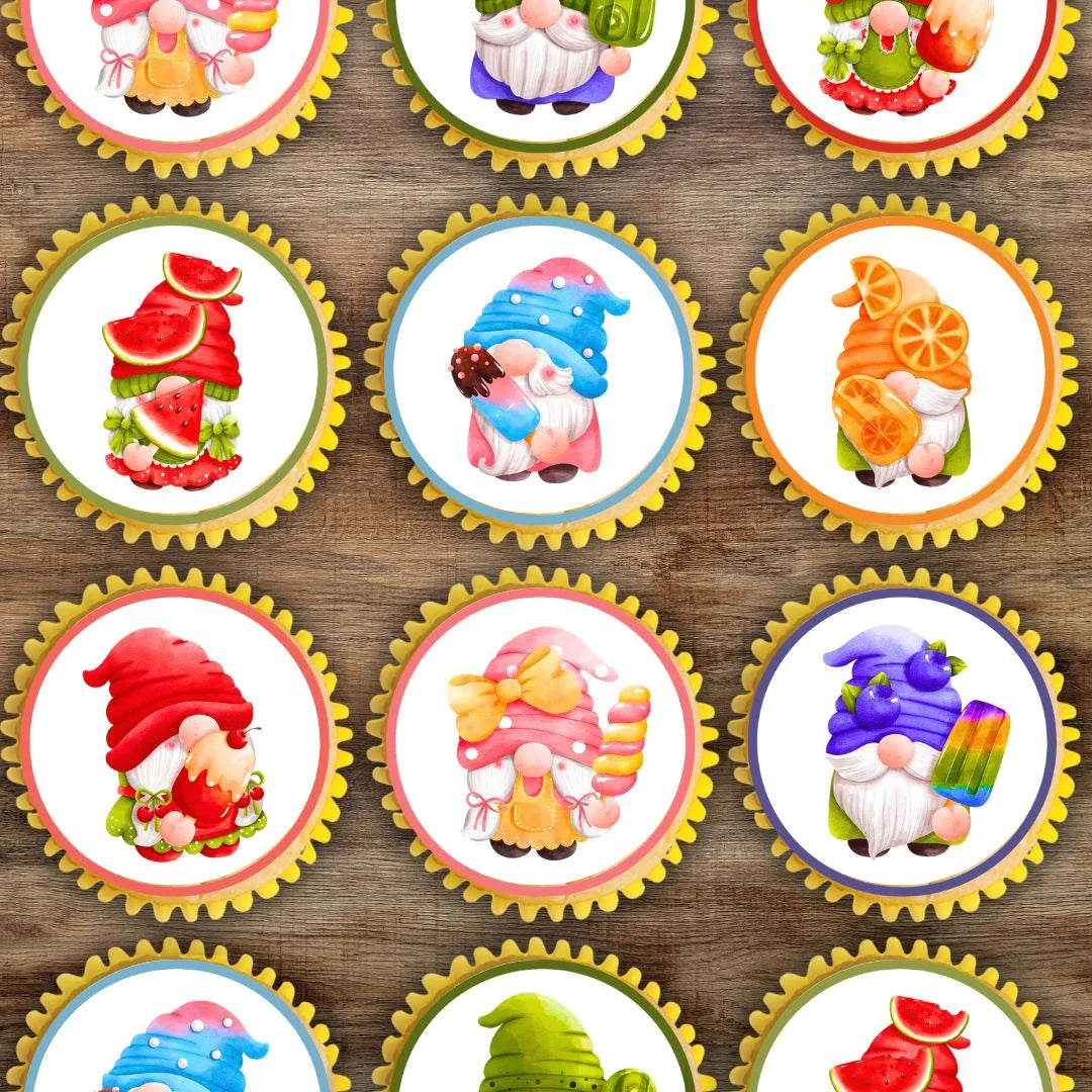 Summer Gnomes Edible Cupcake Toppers on cupcakes with white frosting