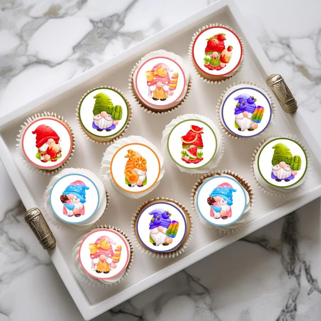 Summer Gnomes Edible Cupcake Toppers on cupcakes with white frosting