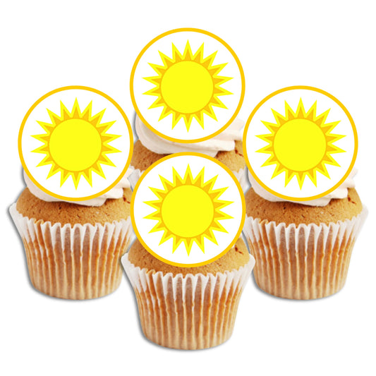 yellow sunshine wafer decorations on frosted vanilla cupcakes