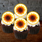 Sunflower Edible Cupcake Toppers on chocolate cupcakes with white frosting 