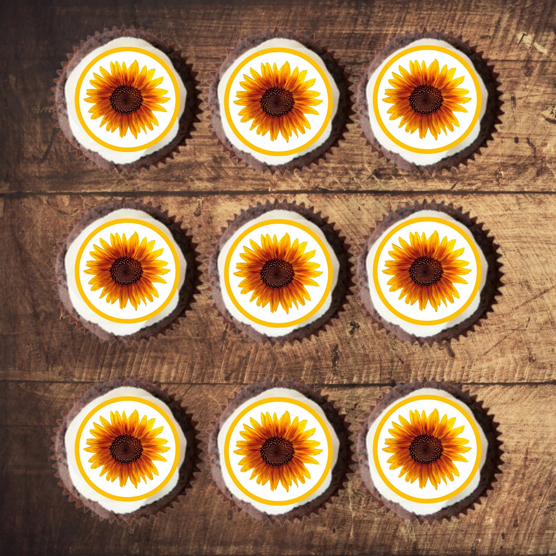 Sunflower Edible Cupcake Toppers on chocolate cupcakes with white frosting 