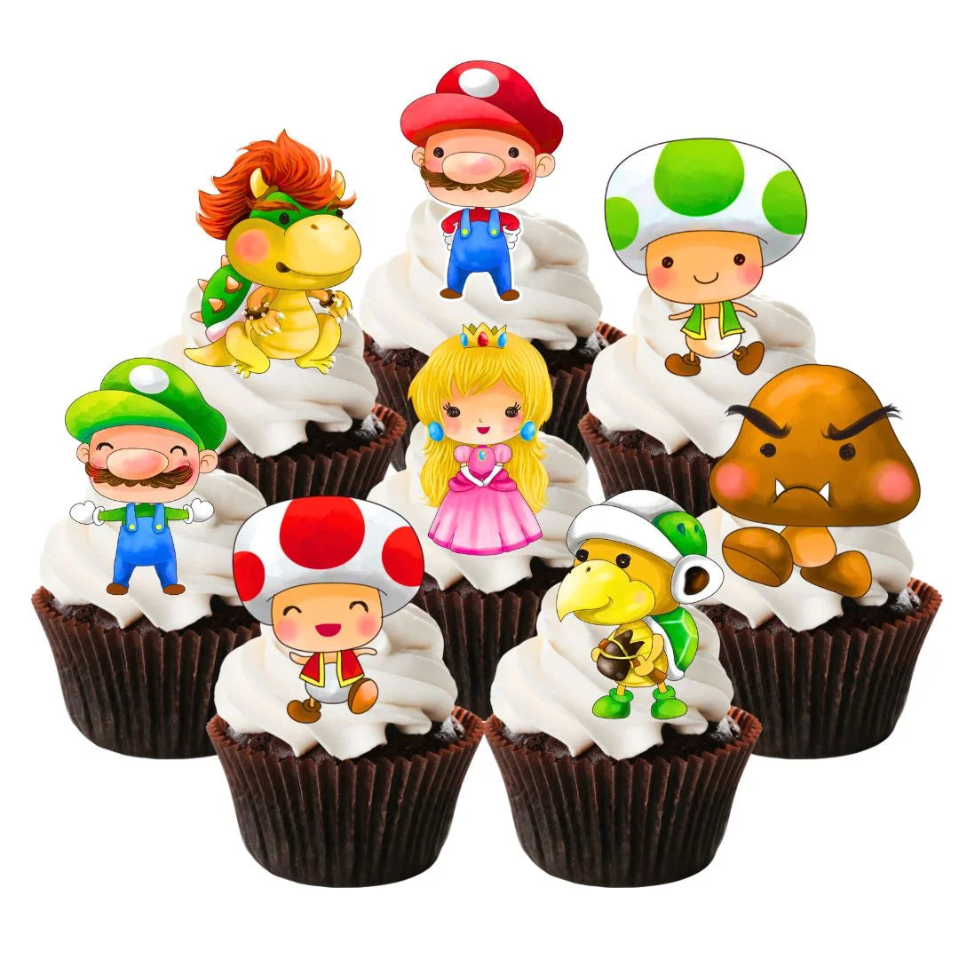 Super Mario Themed Edible Cupcake Toppers on chocolate cupcakes with white frosting