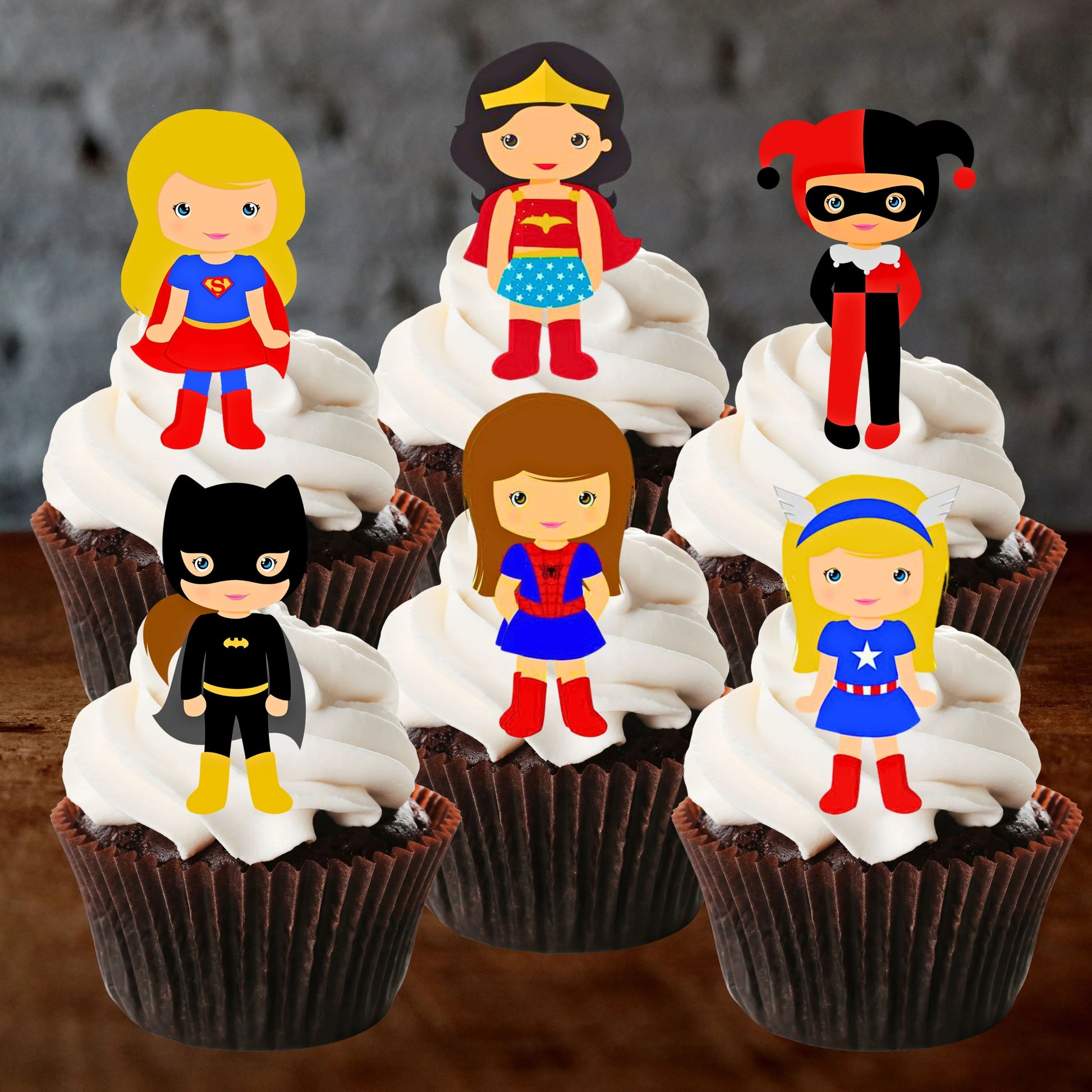 Superhero Girl Edible Cupcake Toppers on chocolate cupcakes with white frosting