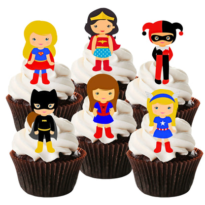 Superhero Girl Edible Cupcake Toppers on chocolate cupcakes with white frosting