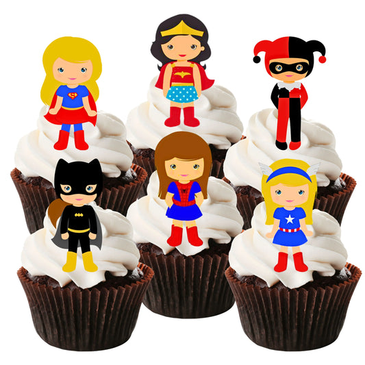 Superhero Girl Edible Cupcake Toppers on chocolate cupcakes with white frosting